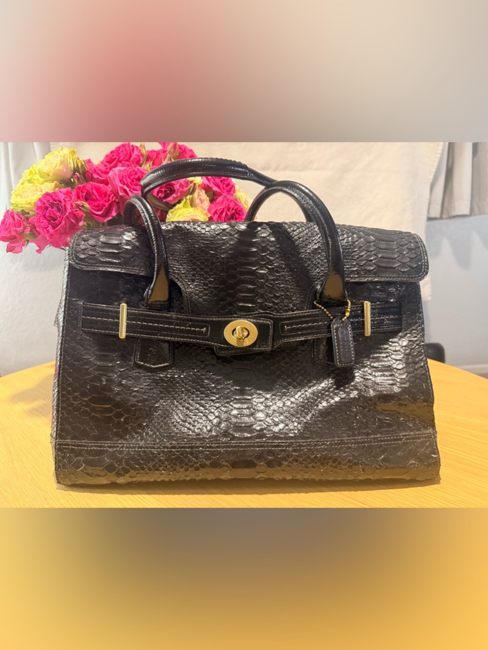 Coach Hamptons Black Embossed Python Print Patent Leather Satchel Bag